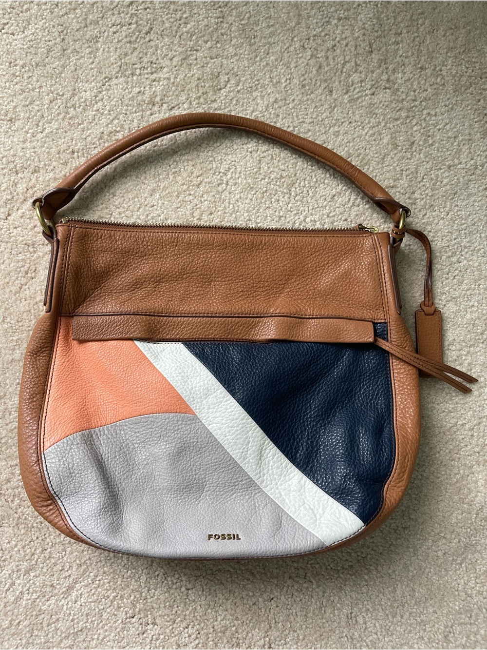 Fossil Tan, Navy, Coral & Light Gray Colorblock Leather Shoulder Bag